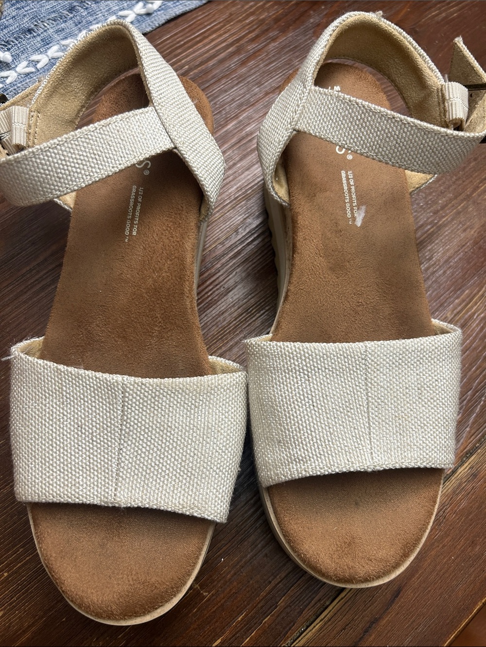Toms Cream Canvas Ankle-Strap Wedge Sandals
